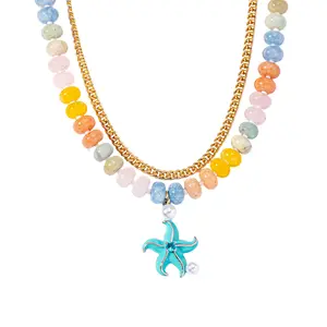 Women's Natural Stone Starfish Pendant Necklace - Colorful Dopamine Beaded Clavicle Chain, Summer Ocean Boho Costume Jewelry
