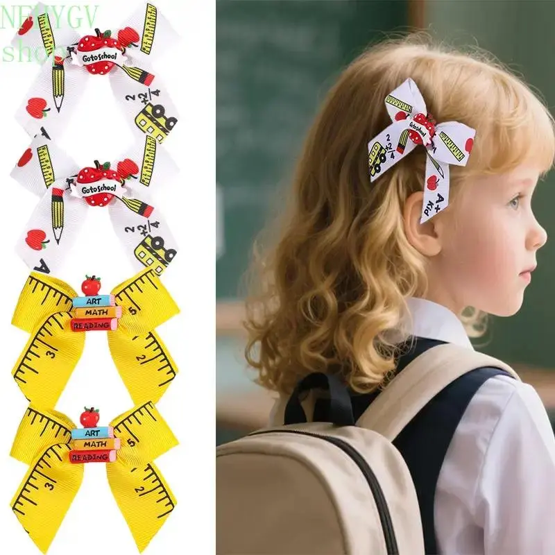 Girls’ Barrettes Hair Clips, Back‑to‑School Ribbon Print Bows With Resin Charms, Non‑Slip All‑Day Hold Hair Accessories for Classroom Wear And Teacher Gifts
