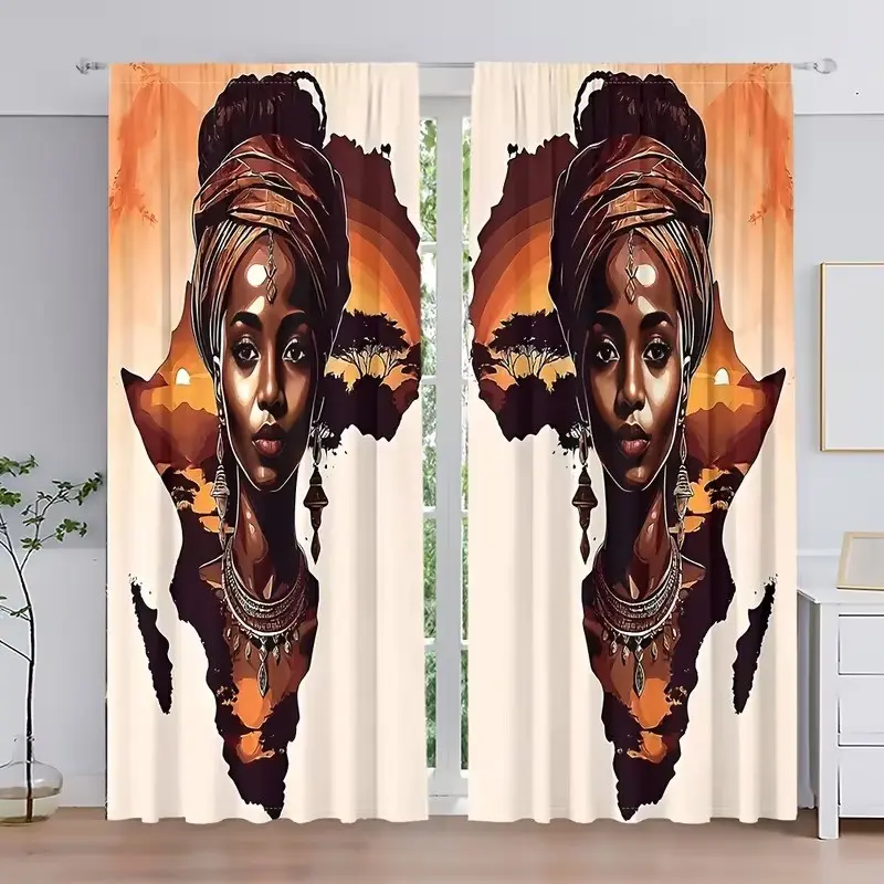 2 pieces, featuring tribal women patterns from Africa. Installed with pocket rods. Digital printed curtains, with filtering function to protect privacy. Suitable for living room, kitchen, bedroom, study, bathroom, hotel, restaurant, and home decoration.