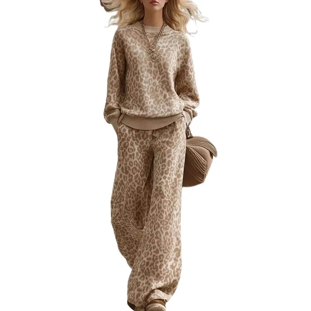 Women's Vintage Light Leopard Print Fuzzy 2-Piece Matching Loungewear Set - Crew Neck Longsleeves Top, High Waist Wide Leg Oversized Pajamas Pants, Thick Plush Warm, Loose Fit, Anti-Pilling, Soft Neutral Boho Nightwear for Fall Winter Casual Use