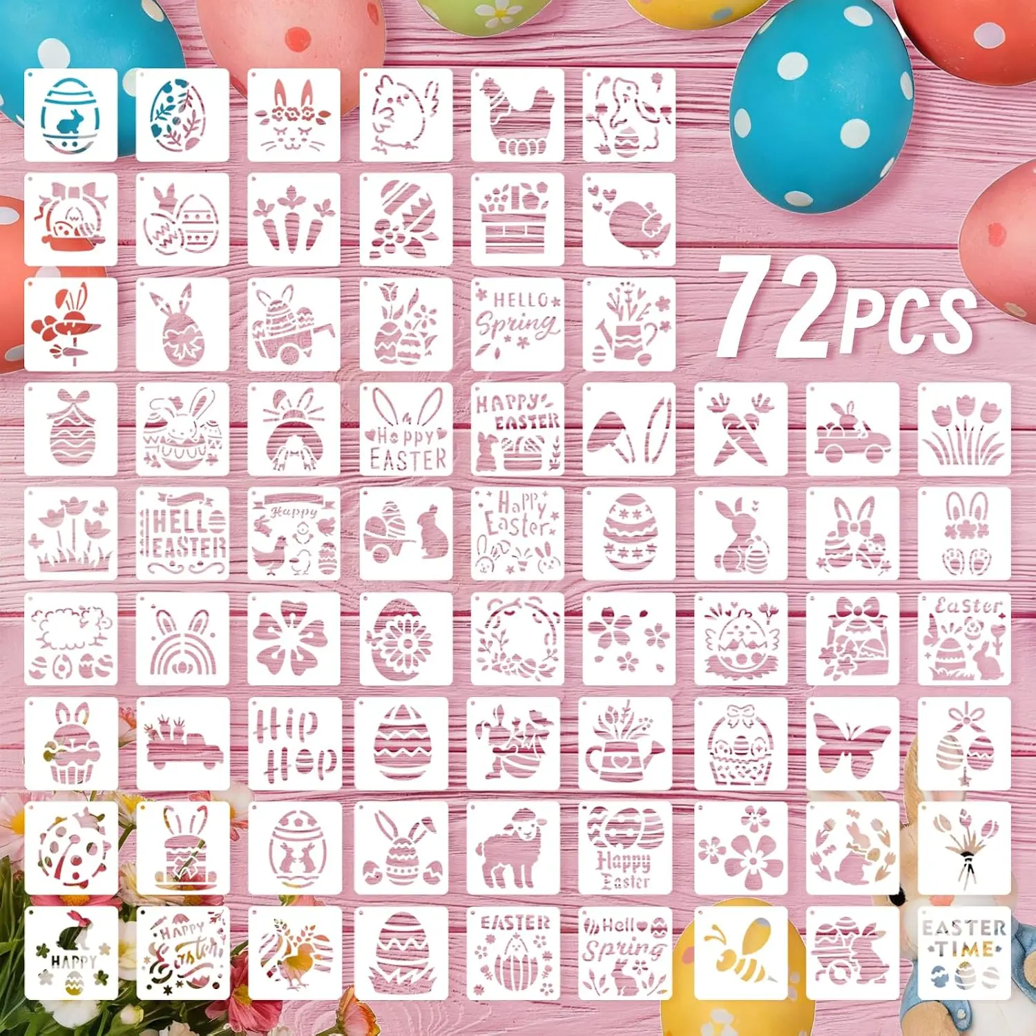 72 count Easter Day Stencils for Painting Set,  Eggs  Carrot Cute Painting Templates - Stencil Crafts Drawing Templates for DIY Scrapbook,  Wall Murals, Canvas  Signs