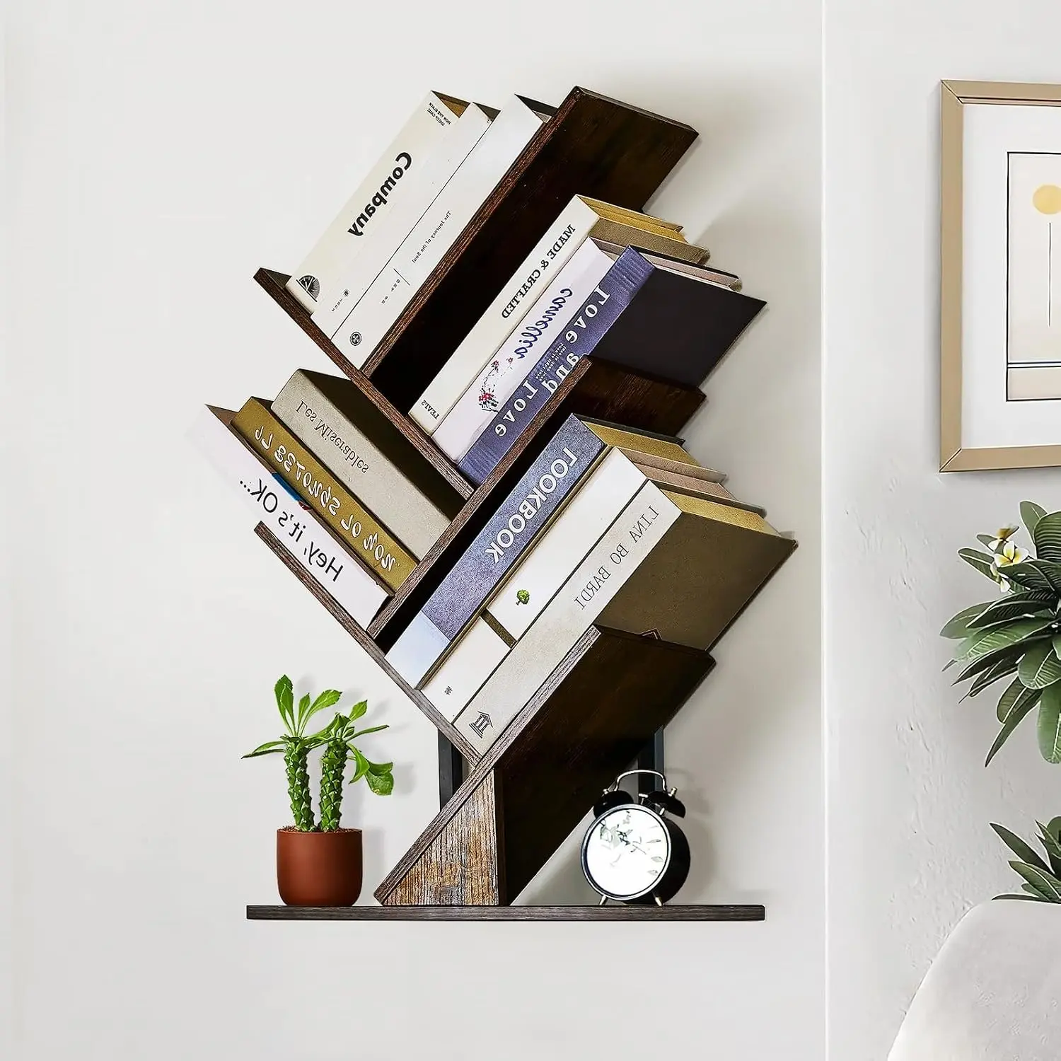 5-Tier Tree Bookshelf Floating Shelves for Wall Mount, Wooden Hanging Storage Display for Books CDs Magazines, Unique Wall Bookcase Organizer for Home Office Living Room