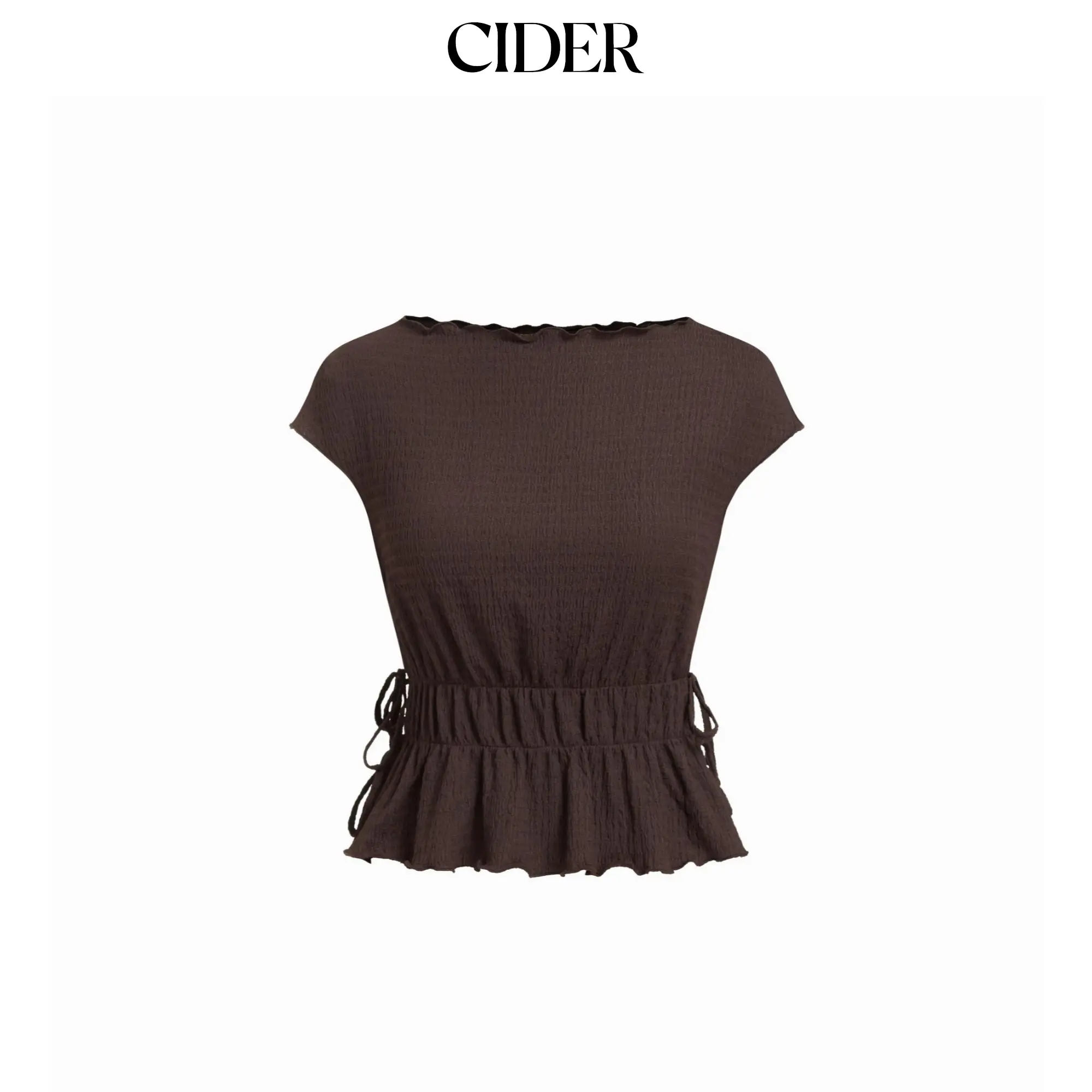 Cider Textured Boat Neck Ruffled Peplum Hem Tie Side Top
