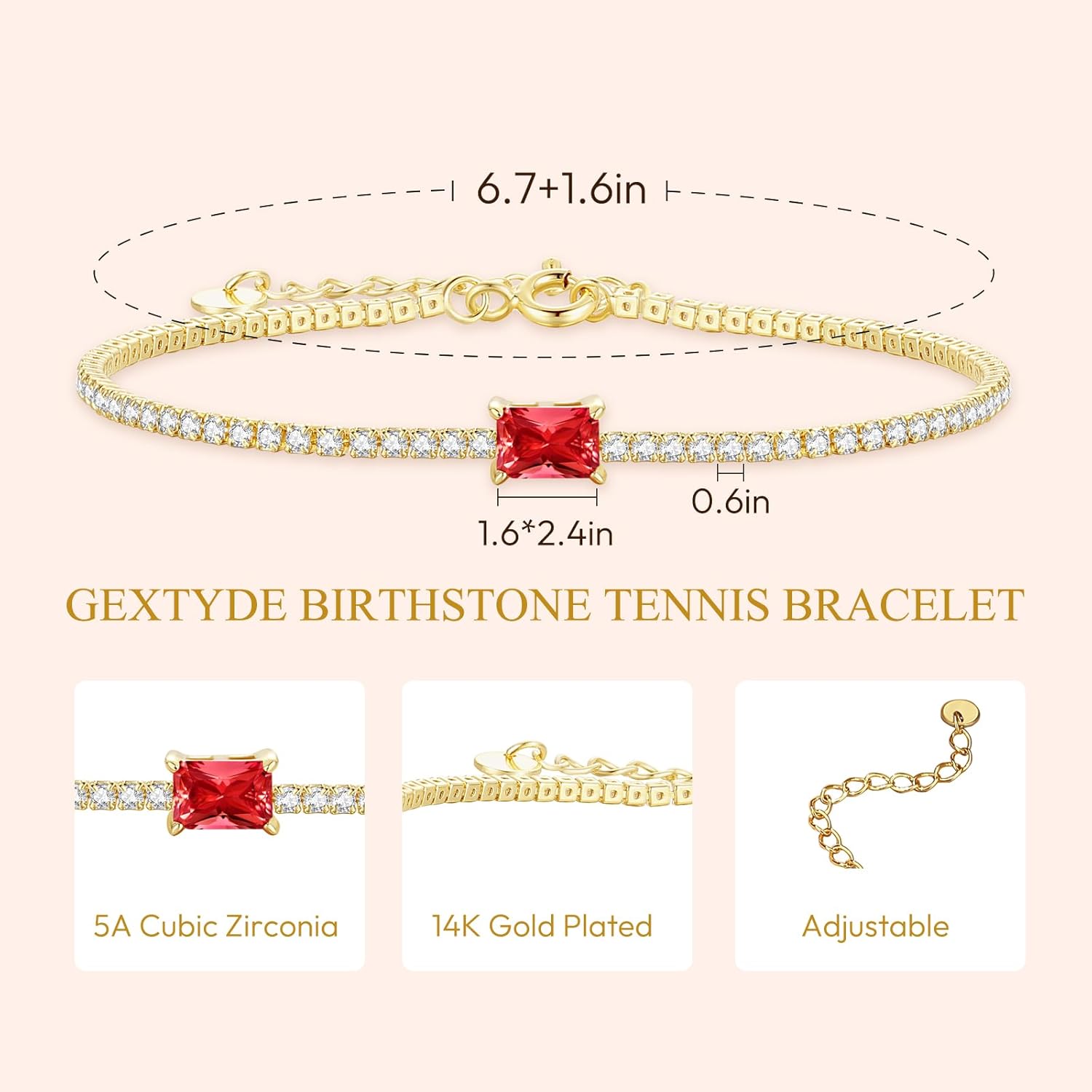 THE WELL KEPT Birthstone Bracelet for Women 14K Gold Plated Tennis Bracelet 2mm Fine Jewelry Birthday Christmas Day Gifts for Women Wife Girlfriend Her Mom Friend