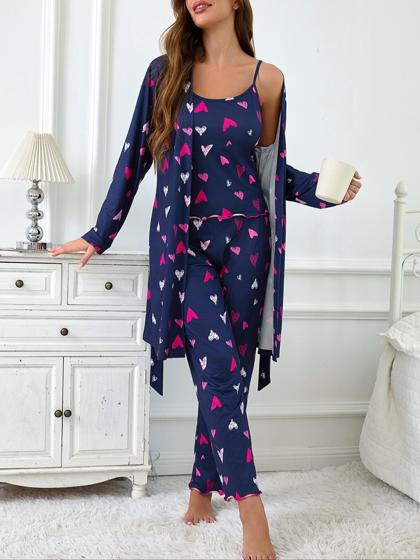 Women's Heart Print Robe Set with Tank Top & Leggings, Comfortable Casual Home Wear, Fall Winter Fitted Sleepwear, 3 Piece, Soft Lounge Sets