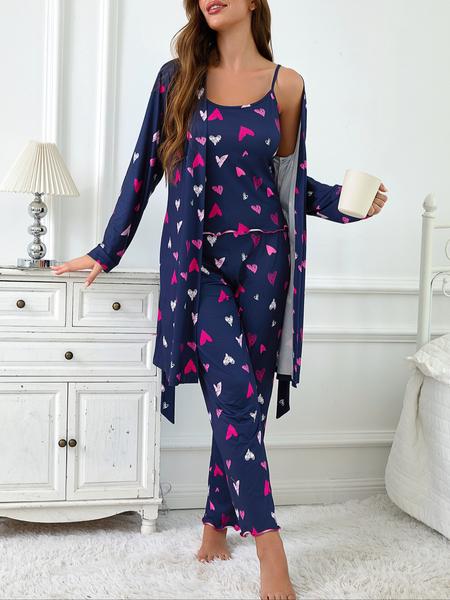 Women's Heart Print Robe Set with Tank Top & Leggings, Comfortable Casual Home Wear, Fall Winter Fitted Sleepwear, 3 Piece, Soft Lounge Sets