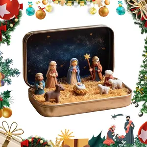 Mini Christmas Nativity Set in Tin Box Portable Pocket-size Resin Nativity Figures Holy Family Scene for Home Decor Travel 1PC