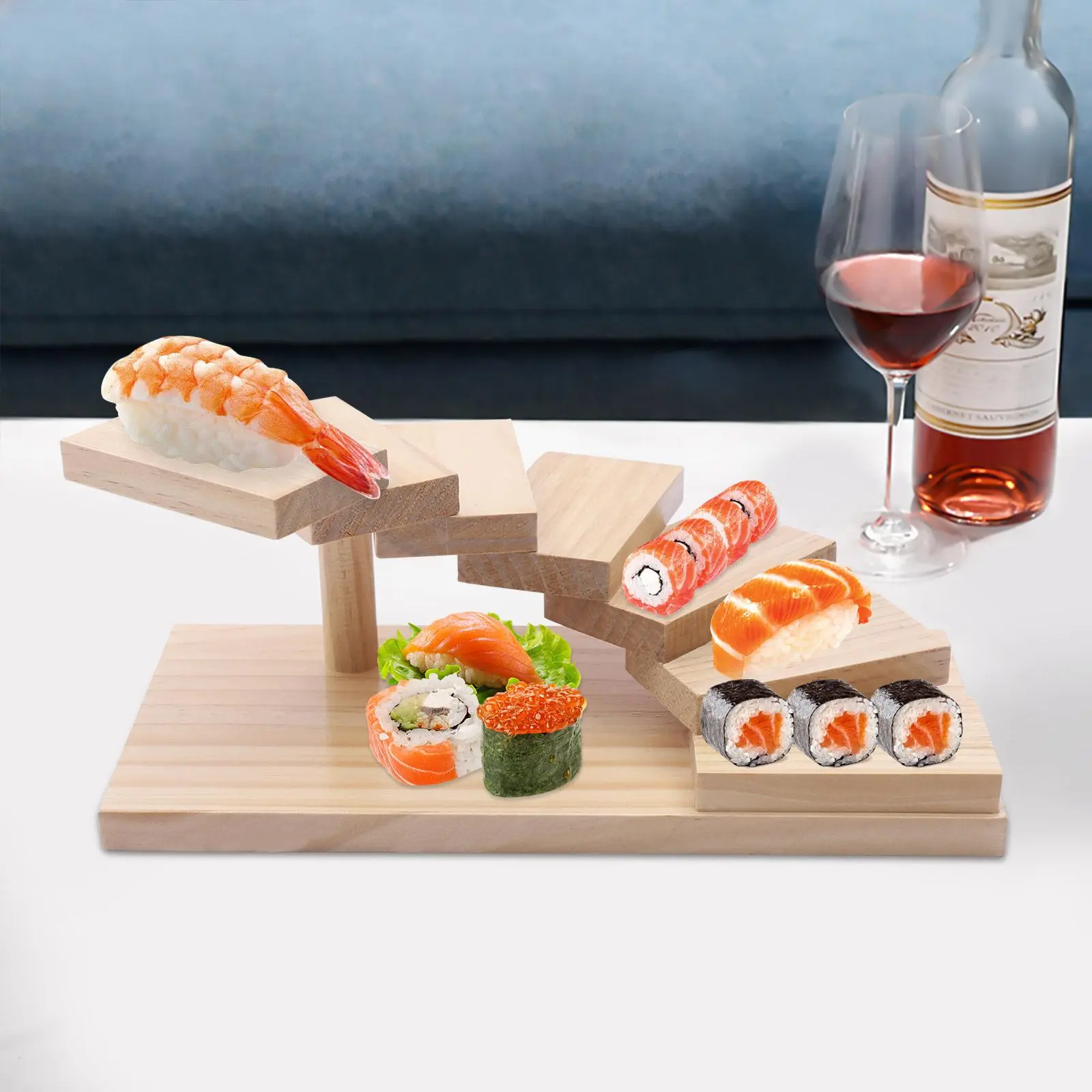 7-Stepped Shape Lightweight Wooden Sushi Rack - Home Kitchen Organizer, Integrated Food Display Tray for Friends, Countertop Storage Holder, Ready-to-Go Serving Accessory