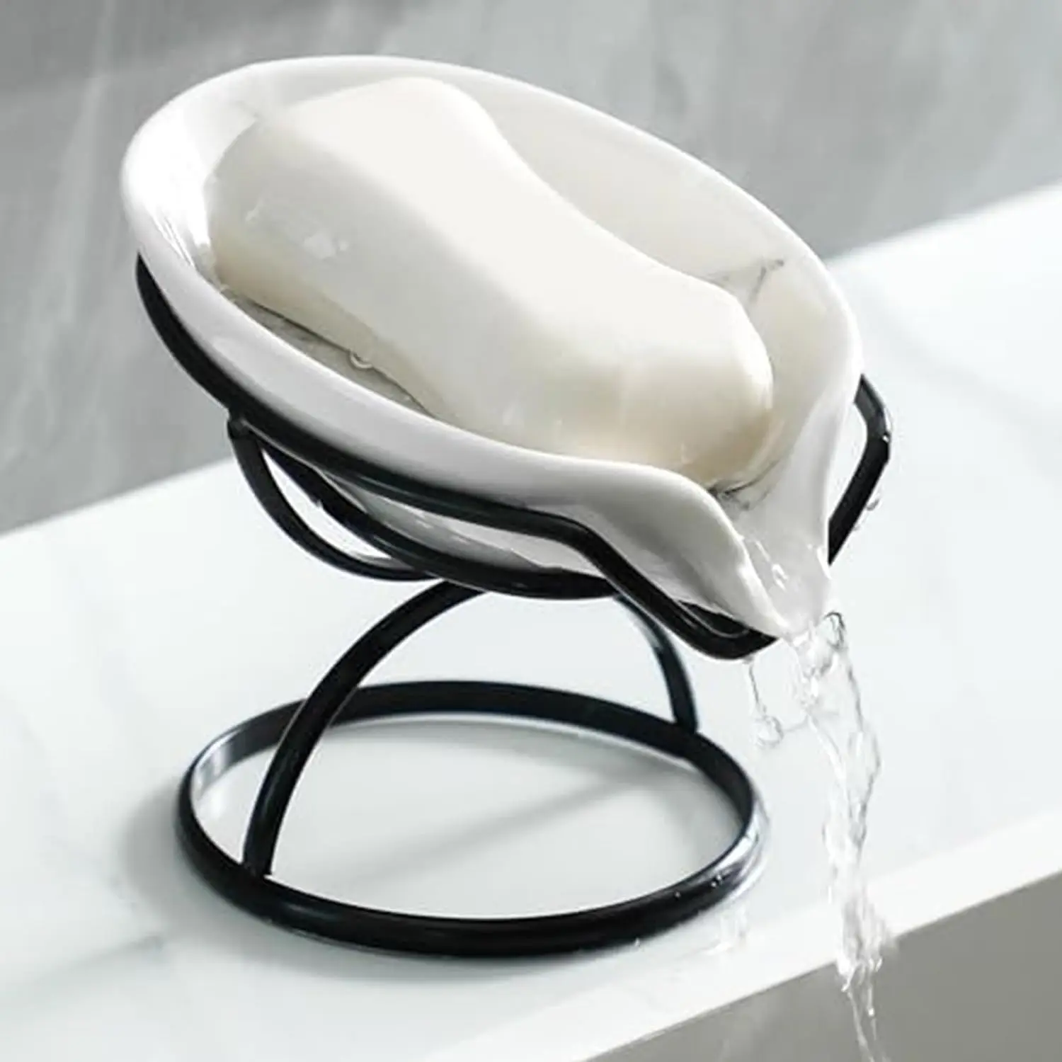 Multifunctional Modern Leaf-Shaped Ceramic Bar Soap Dish, Durable Self-Draining Holder with 45-Degree Inclination Stainless Steel Stand for Bathroom Vanity (Black, Ceramic+Steel)