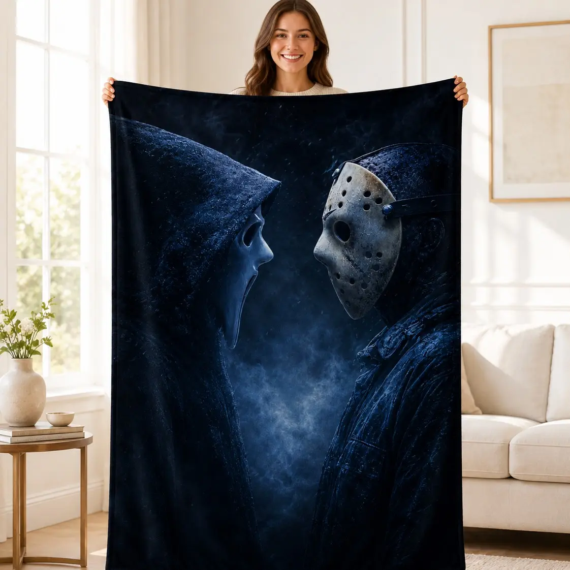 1PC Scream Jason Dark Smoke Confrontation Realistic Print Flannel Blanket, Soft Skin-Friendly Anti-Pilling Machine Washable Lightweight Warm, Suitable For All Seasons For Home Sofa Rest, Bedroom Movie Watching, Outdoor Parties, Ideal For Horror Movie Fans