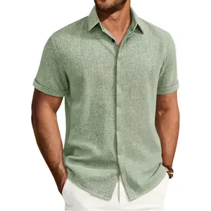 Gentle Mens Linen Shirt Short Sleeve Button Down Shirt Casual Summer Beach Vacation Wedding Linen Texture Shirts