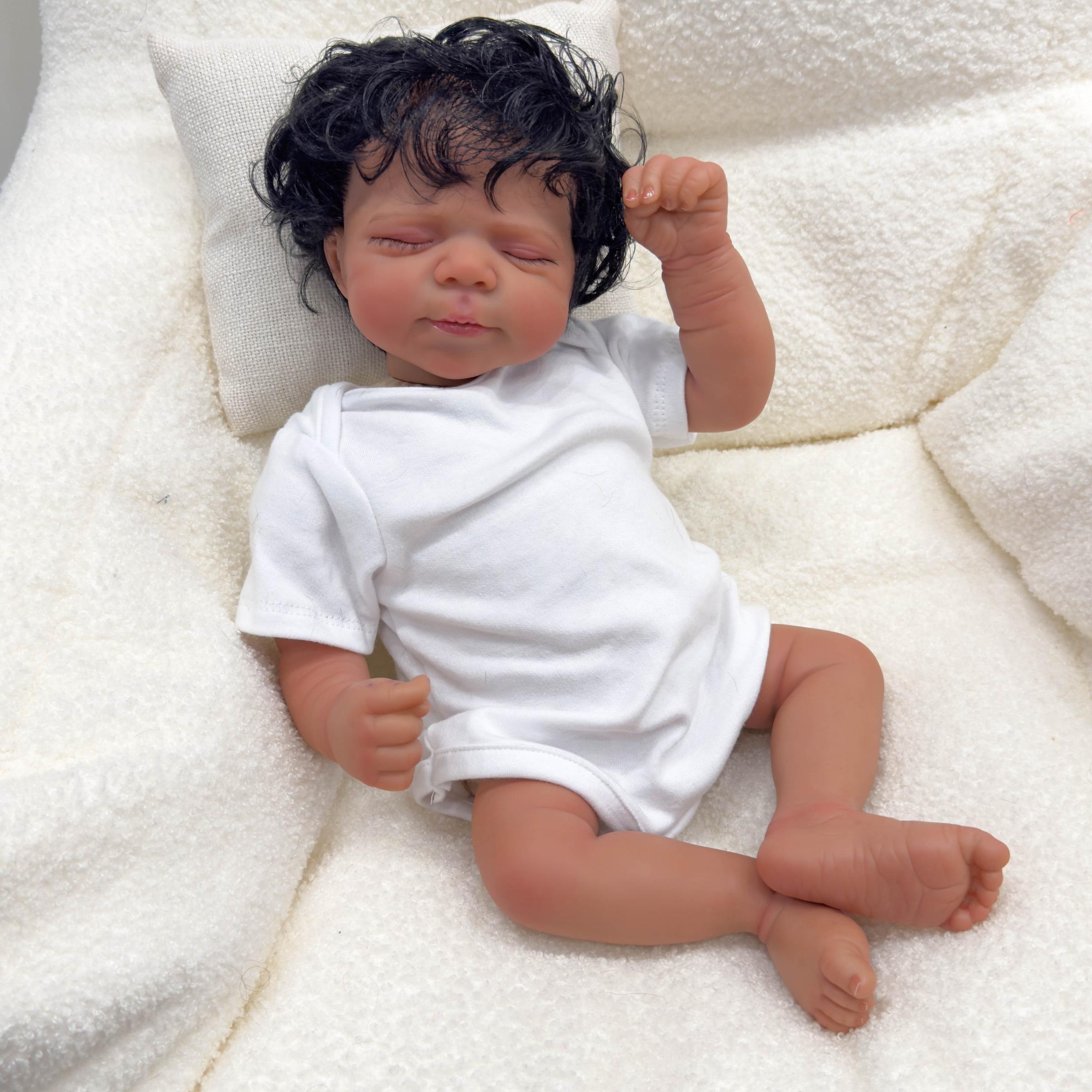 19 Inch Realistic Reborn Baby Doll, Lifelike Realistic Newborn, Gorgeous Doll, Reborn Doll Baby Dolls, Soft Vinyl Black Skin Sleeping Doll with Short Sleeve Crawling Clothes, Birthday Gift for Kids