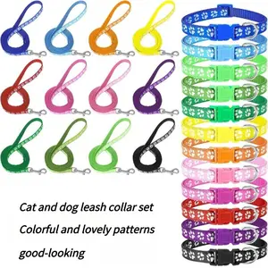 2-Piece Pet Collar and Leash Set, Paw Print Pattern Dog Cat Walking Gear, Comfortable Reflective Outdoor Safety Essentials for Small Medium Breeds