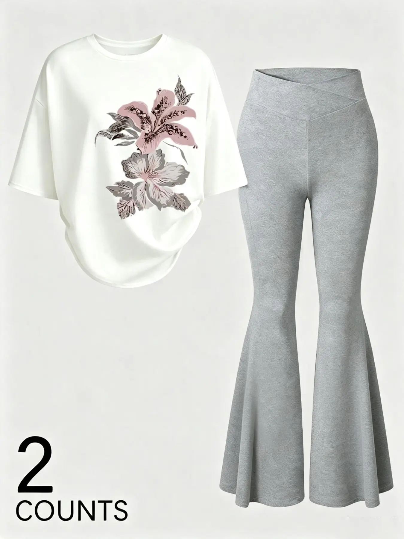 Women's 2-Piece Set Round Neck Floral Print Loose T-Shirt + High Waist Cross Belt Flare Pants, Y2K Street Style, Summer