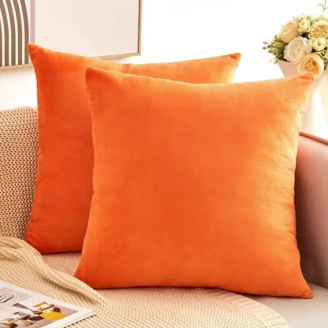 Velvet Throw Pillow Covers Orange Set of 2 20x20 Inch Pillow Covers, Soft Farmhouse Neutral Decorative Pillowcases for Couch Sofa Bed, Home Boho Decor, Cushion Covers