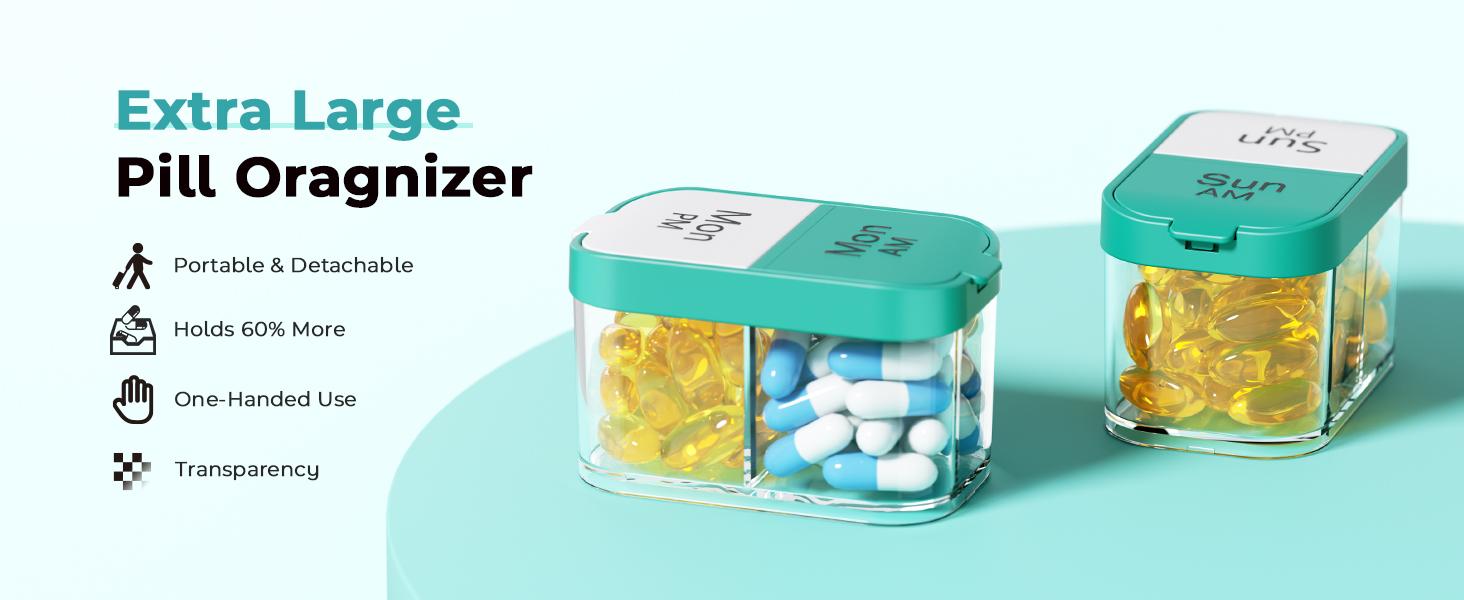 Extra Large Weekly Pill Organizer 2 Times Day, Pill Box 7 Day Am Pm to Hold Daily Medicine Vitamin and Supplements - Cyan Extra Large Weekly Pill Organizer 2 Times Day, Pill Box 7 Day Am Pm to Hold Daily Medicine Vitamin and Supplements - Cyan