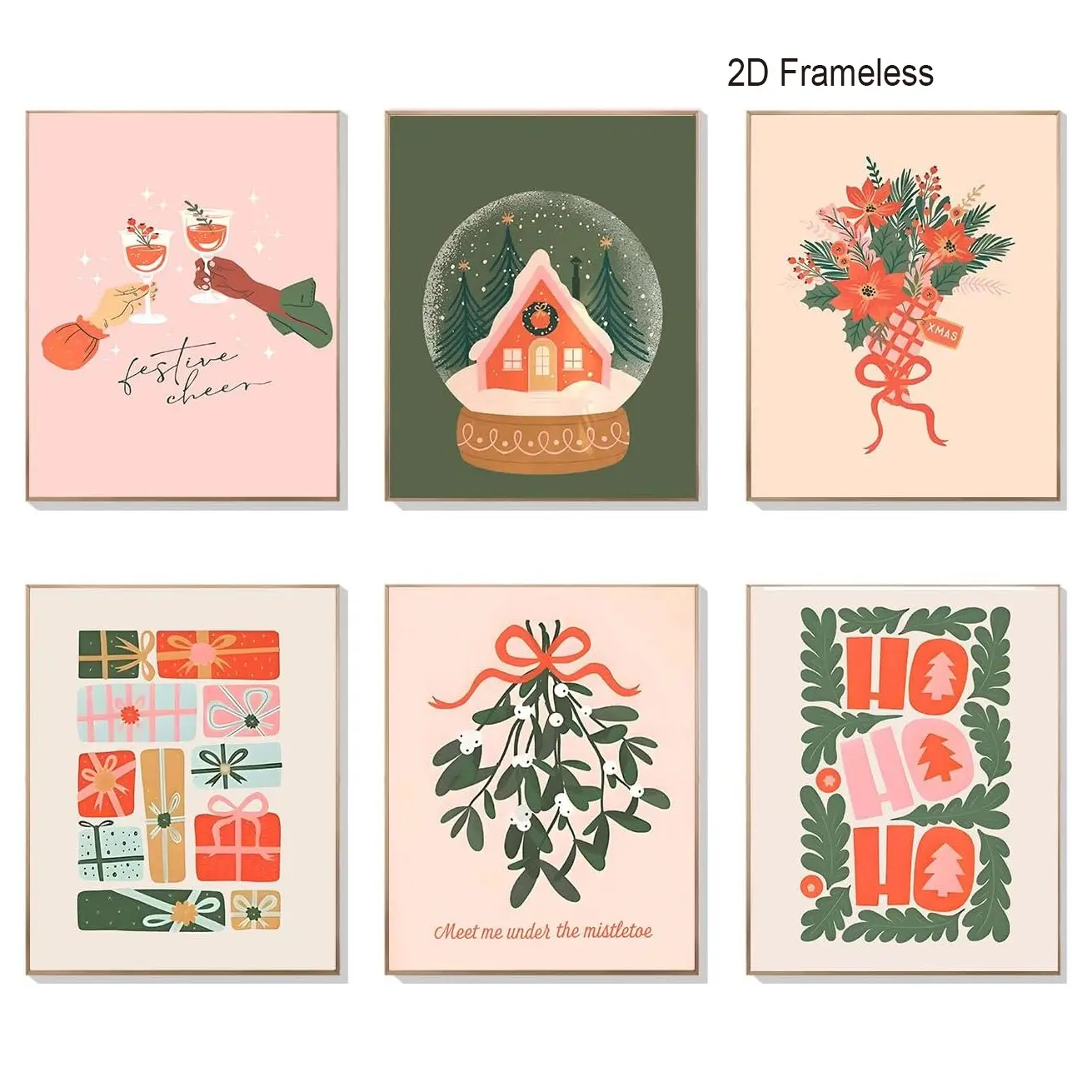 6pc set. Timeless retro Christmas wall decorations, minimalist Bohemian-style Christmas posters, fashionable holiday Christmas posters, suitable for Christmas tree decoration, winter gallery living room and bathroom walls. Frameless.