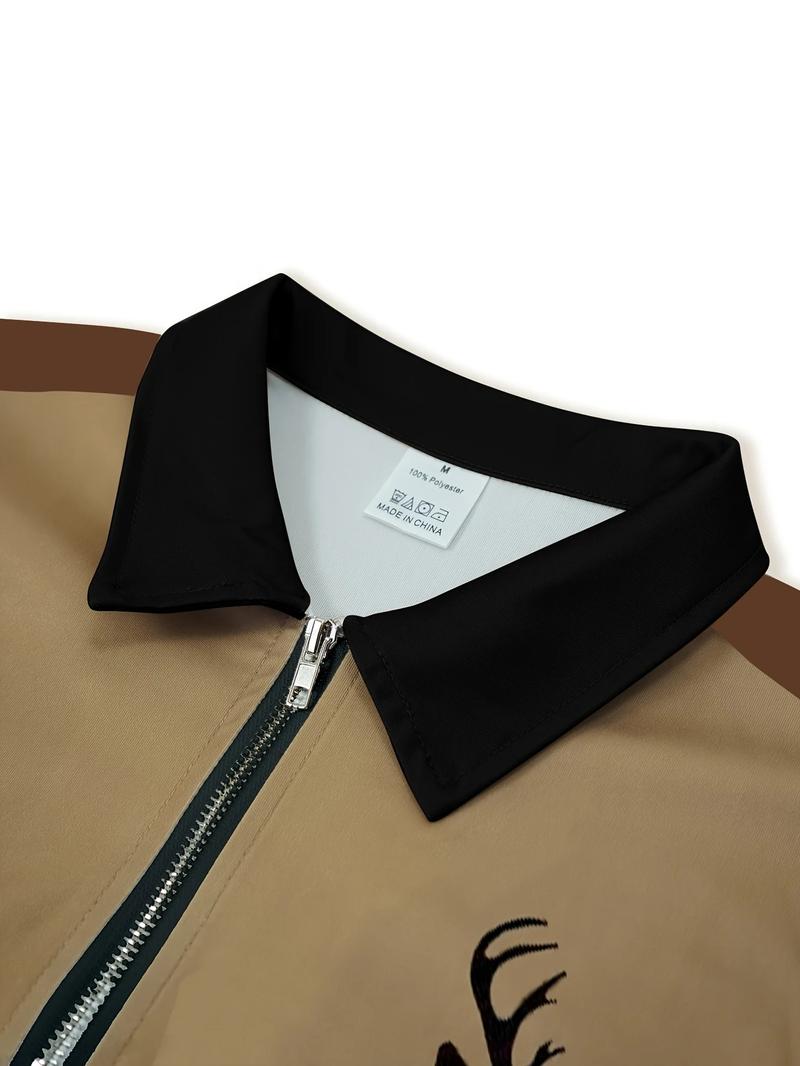Men's casual deer head print double contrasting color long sleeved zipper polo shirt with half zipper collar outdoor shirt, machine washable dual color polyester fiber, very suitable for leisure activities in spring, autumn and winter festivals, gifts for