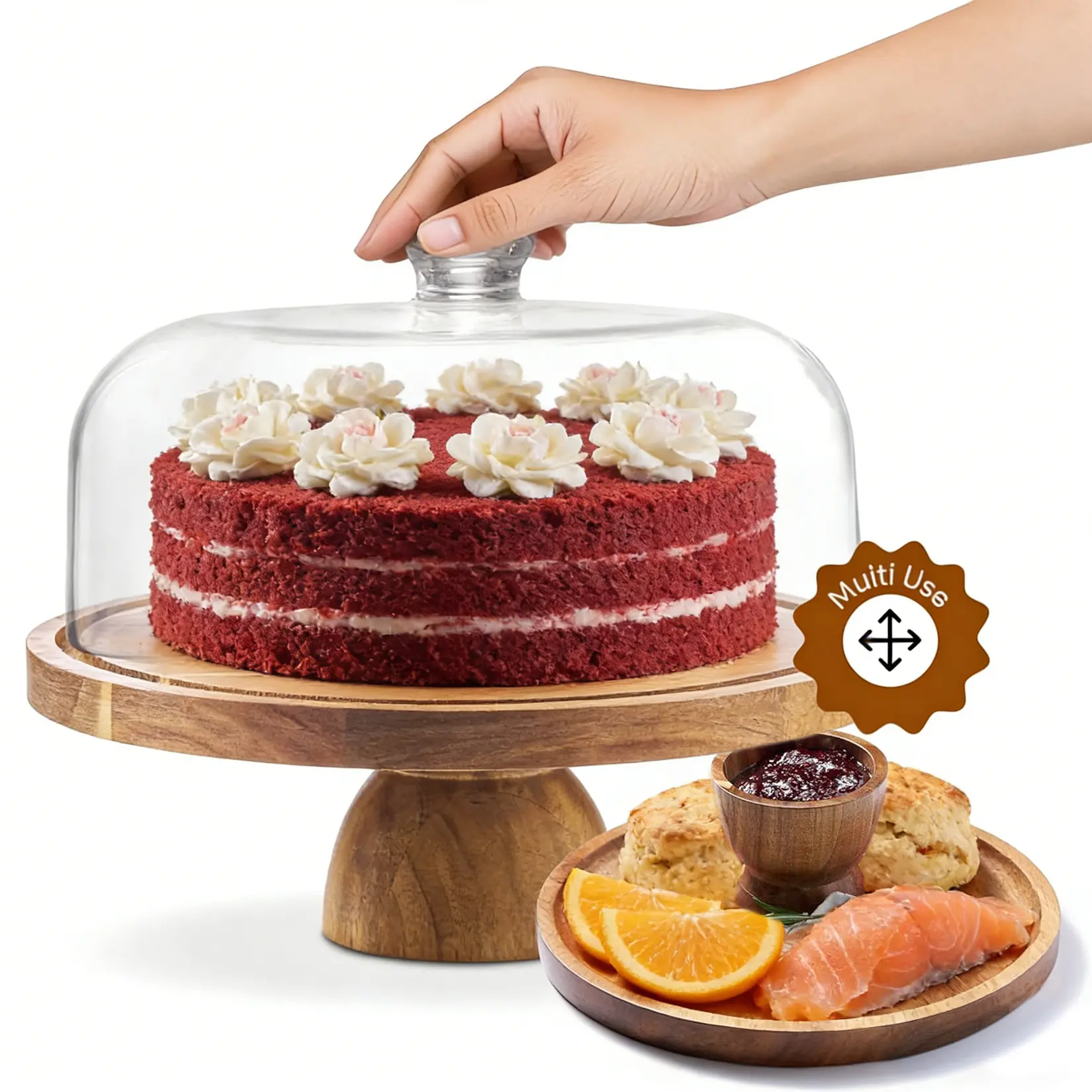Acacia Wood Cake Stand with Shatterproof Acrylic Dome Lid – 12 Inch Round Serving Platter – 2-in-1 Dessert Display & Deli Board Board – Ideal for Cakes, Cheese, Fruit, Snacks – For Kitchen Parties