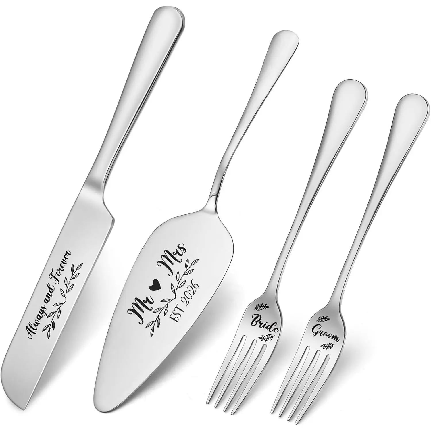 Silvery Stainless Steel Wedding Cake Knife and Server Kitchenware Set (4-Pack) - Knives, Slicer, Forks for Wedding, Anniversary Celebrations