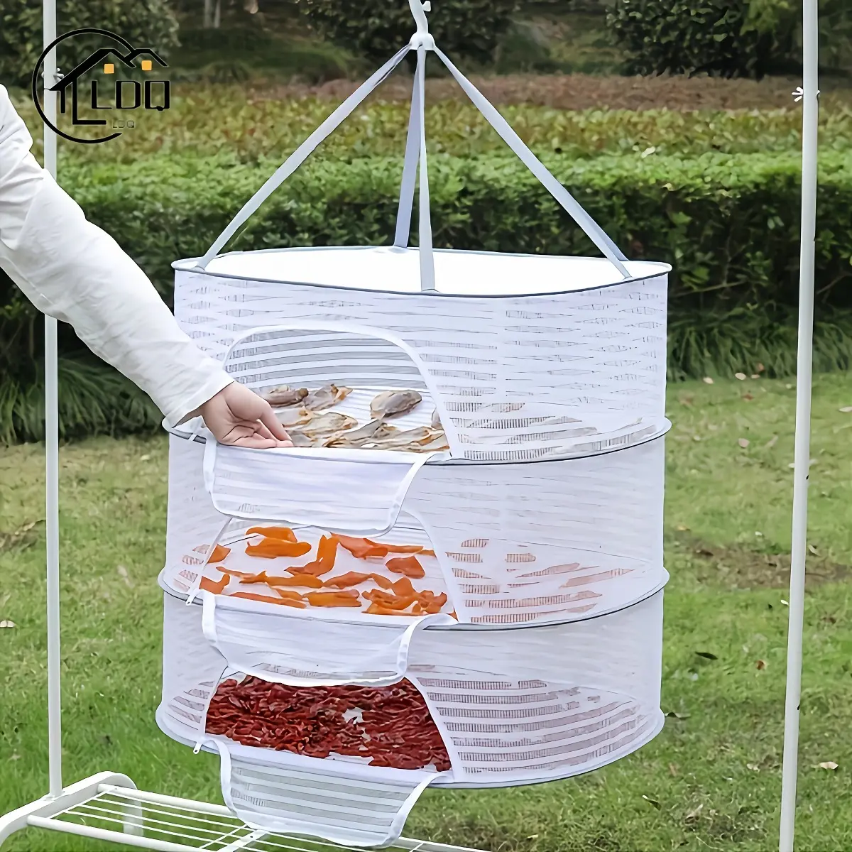 Heavy-Duty Foldable Portable Drying Rack with Zipper Closure - Space-Saving 3-Tier Mesh Dryer, Collapsible Kitchen & Garden Organizer with Carry Handles for Herbs, Vegetables, Fish, Fruits - Ideal for Home, Camping, Parties - Easy-Clean Fabric Constructi