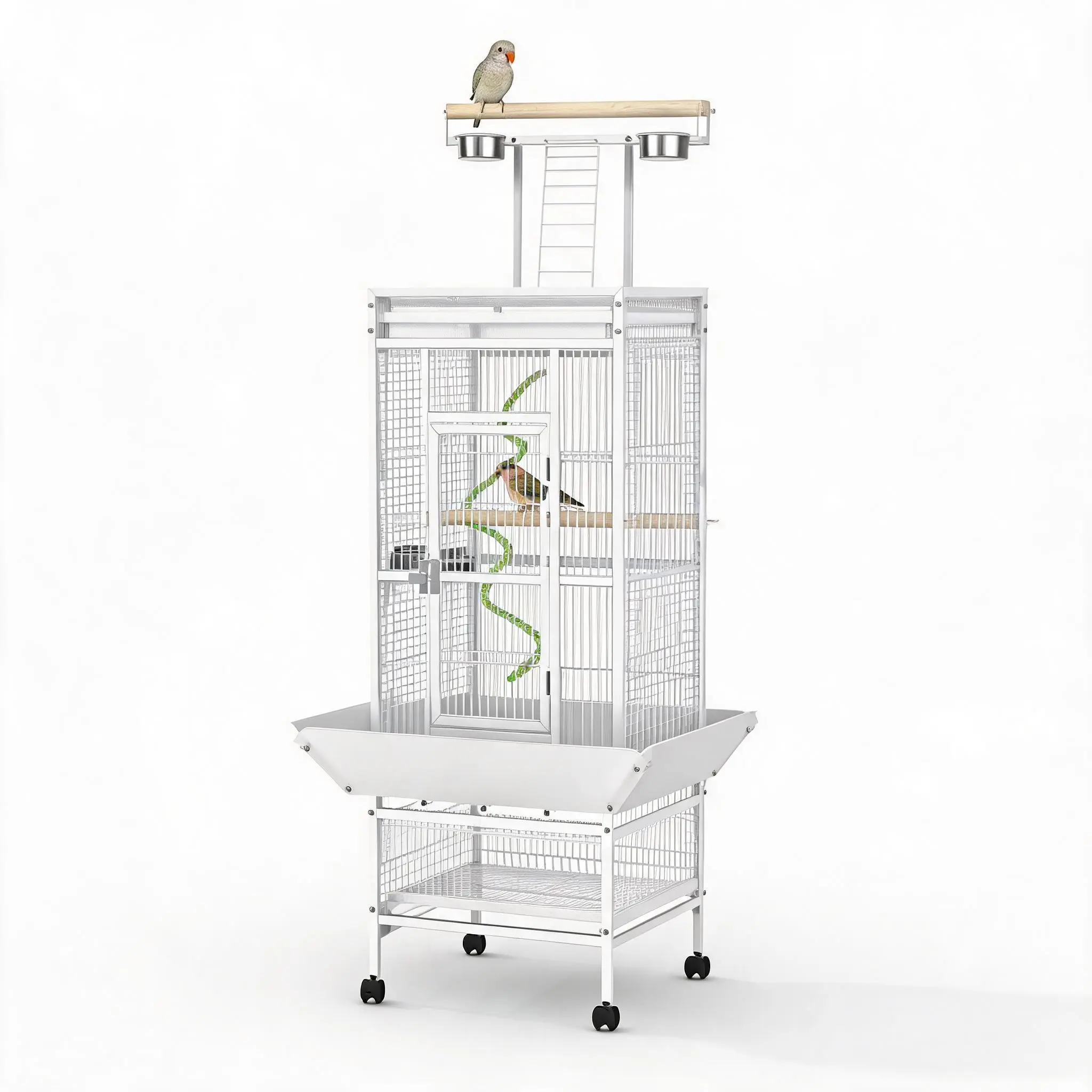 Spacious 60" White Wrought Iron Bird Cage with Playtop – Durable Parrot Enclosure for Parakeets, Cockatiels, Conures, Macaws – Removable Stand, Rolling Wheels, Easy to Clean, Includes Rope Perch & Feeding Bowls