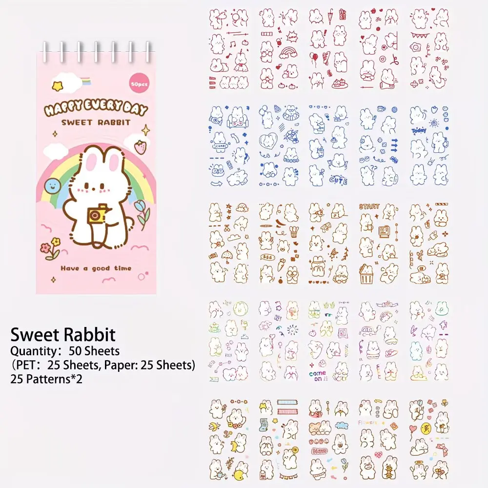 50 Cute Cartoon Rabbit Stickers Set, Waterproof Pet Stickers for Scrapbooking, Diary, Notebook, DIY Decoration, Stationery Supplies
