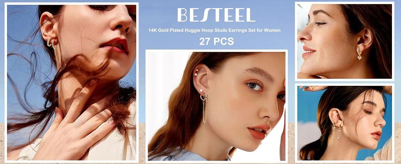 BESTEEL 27 PCS Dainty Gold Earrings Set for Women 14K Gold Plated Stud Huggie Hoop Earring Sets for Multiple Piercing Hypoallergenic Surgical Steel Small Dangle Chain Cartilage Earrings Stacks Pack