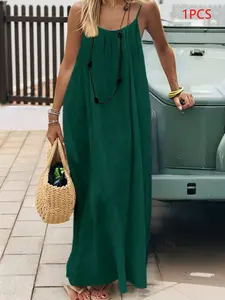 Women's Backless Linen Maxi Dress, Spaghetti Strap Flowy Boho Chic Beach Sundress, Sleeveless Loose-Fitting Long Camisole Dress