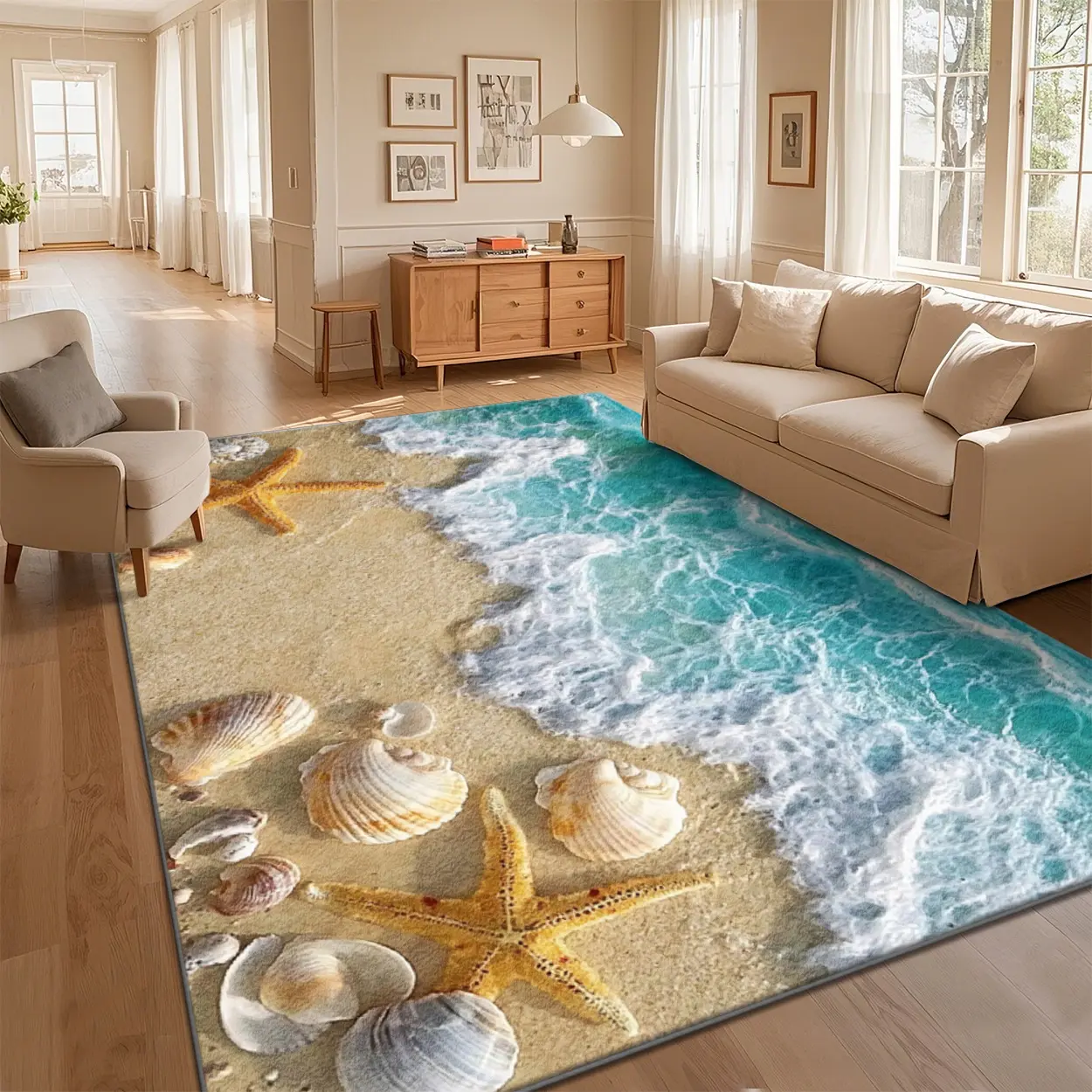 Boho Farmhouse Marine Style Area Runner Rug - Polyester Boho Graphic Rug with Seaside Shell Landscape, Multi Sizes, Washable Non-Slip Home Decor for Living Room Mat (Local Delivery Available), Home Decor Rugs