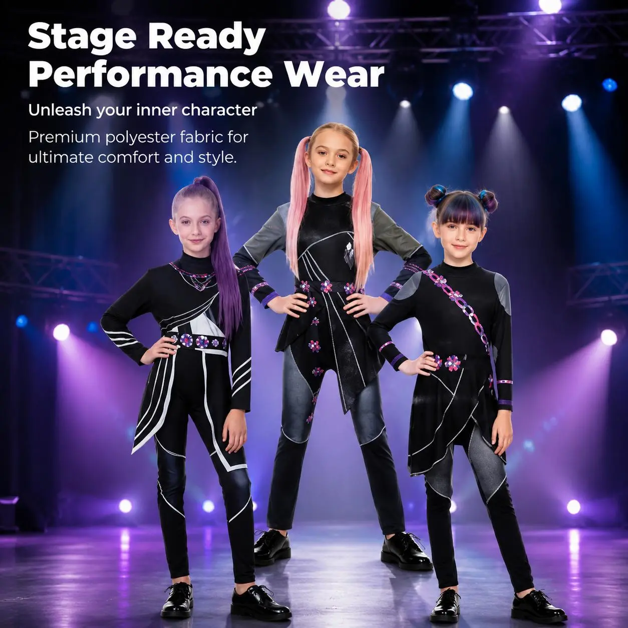 Kids' Lumi Mila Zoe Cosplay Jumpsuit Set - Long Sleeve Elastic Poly All Season Performance Wear, Kpop Girl Group Stage Outfit, 3 Styles Anime Character Halloween Costume, Anime Look, Precise Cut, Stage Ready, All Seasons, Dance Shows