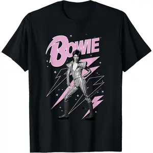 Pink Lightning Bowie Graphic T Shirt Vintage Glam Rock David Bowie Stage Portrait Unisex Black Cotton Short Sleeve Band Tee For Rock Fans