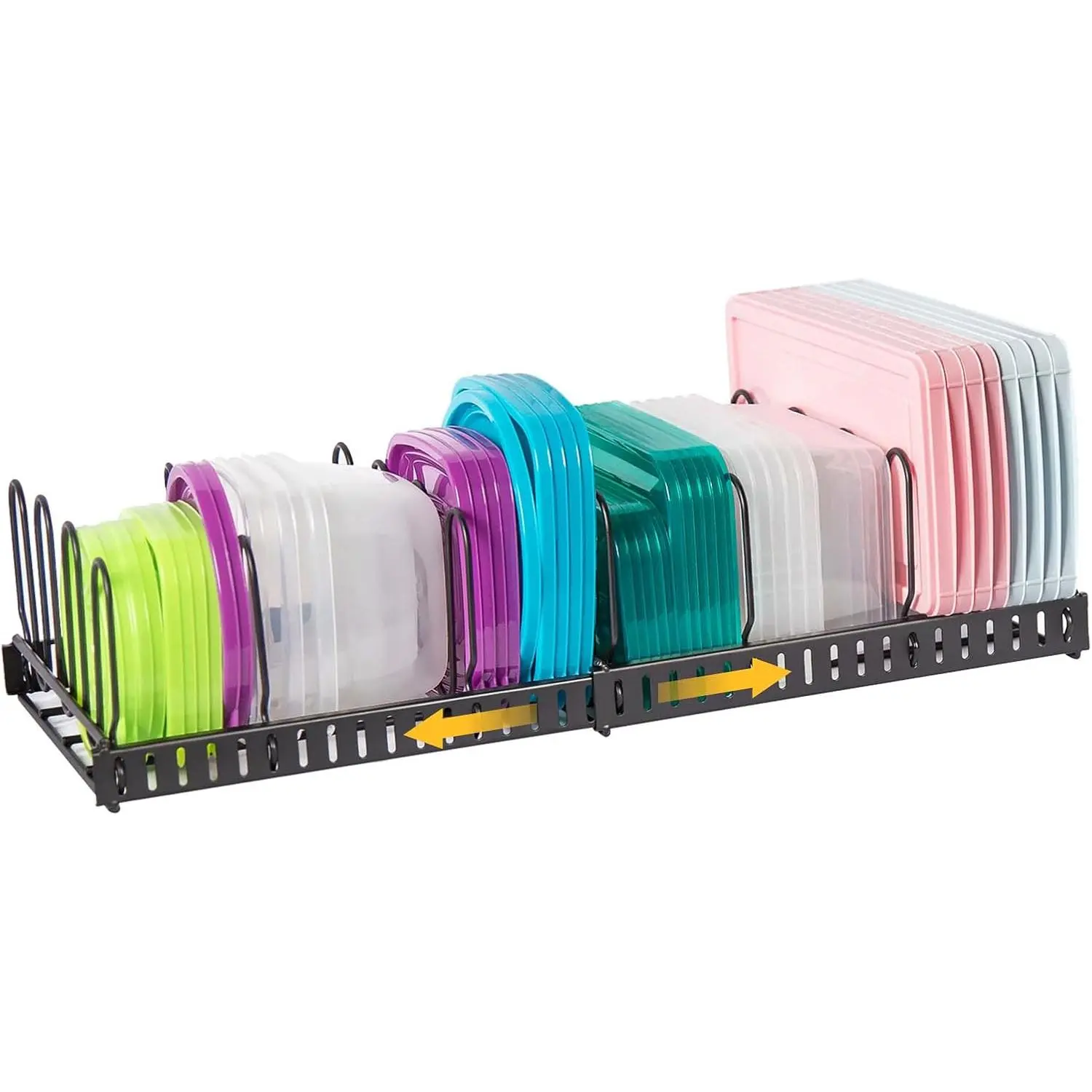 Expandable  Container Lid Organizer,Large Capacity Adjustable 8 Dividers Detachable Lid Organizer Rack for Cabinets, Cupboards, Pantry Shelves, Drawers Keep Kitchen Tidy,Black 10.2”wide,3.6 Pound.