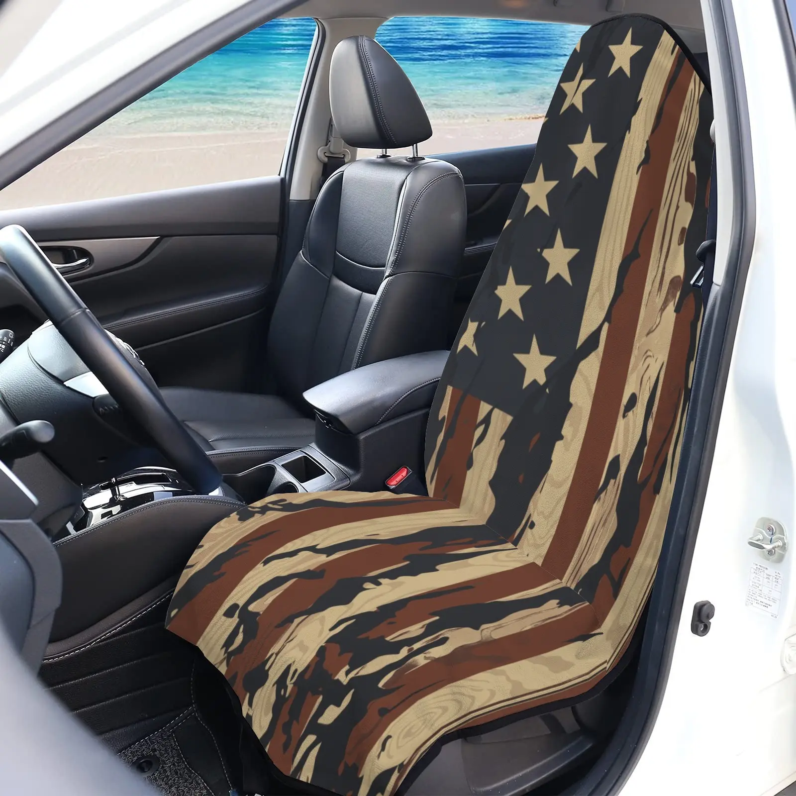 Vintage Brown Distressed Camo American Flag Front Car Seat Sweat Protector Towel, Absorbent Terry Barrier for Gym, Hunting, Fishing, Beach & Outdoor Work, Waterproof Mud Sweat Resistant Bucket Seat Covers Fit Cars, Trucks, SUVs Veteran Patriotic Truck Gea