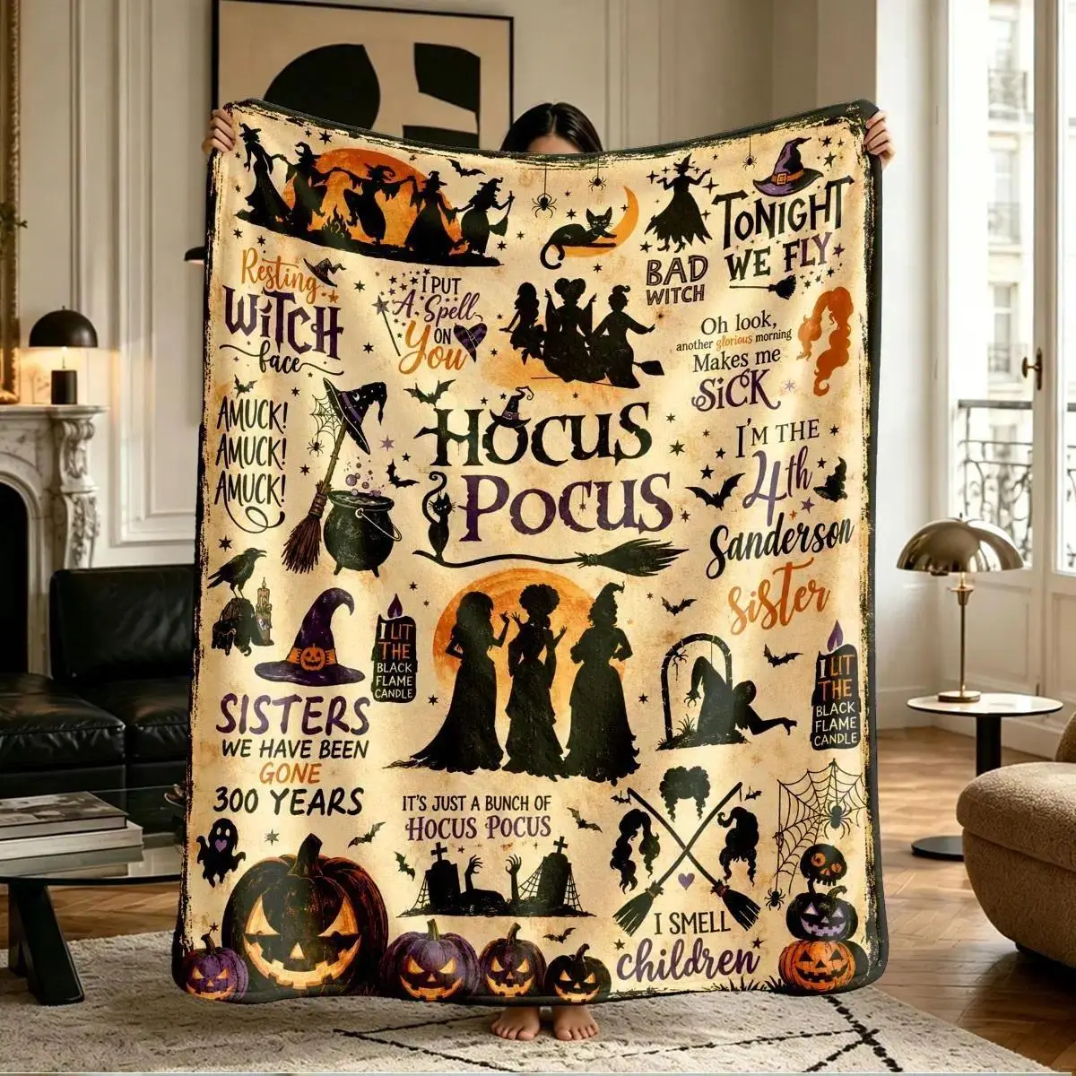 Hocus Pocus Sanderson Witch Sisters Halloween Pumpkin Print Flannel Blankets Throw Blankets Soft Warm Anti-Pilling Bedding Bed Accessories Cozy Halloween Gift for Fans