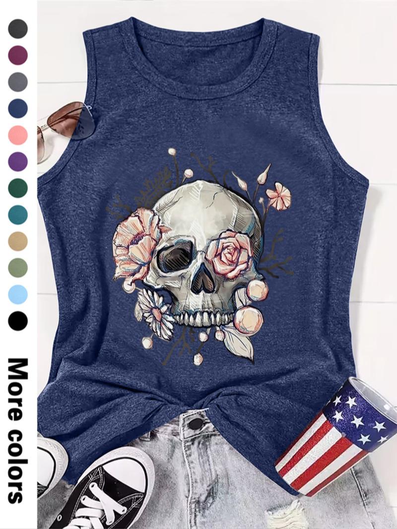 Women's Halloween Floral & Skull Print Round Neck Tank Top, Casual Sleeveless Crew Neck Top for Summer, Ladies Clothes for Daily Wear