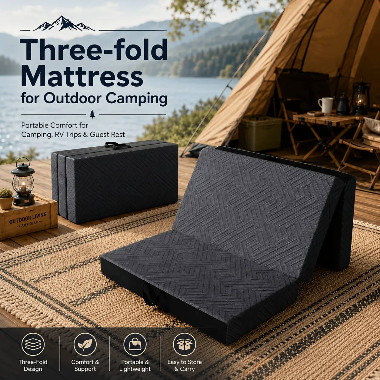 Outdoor Tri Fold Mattress, 3 Inch / 4 Inch / 6 Inch Folding Memory Foam Mattress with Washable Cover, Portable Floor Guest Bed for Camping, RV, Travel, Road Trip, Travel and Small Spaces