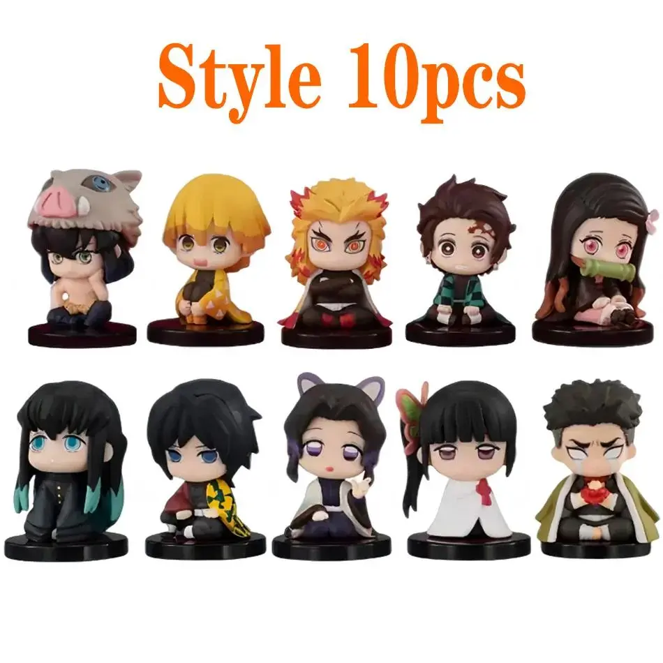 10Pcs/Style Q Version Demon Slayer Sitting Ghost Doll Tanjiro Nidouzi Inosuke Zenizu Figure Action Figure Movie Model Toy Gift