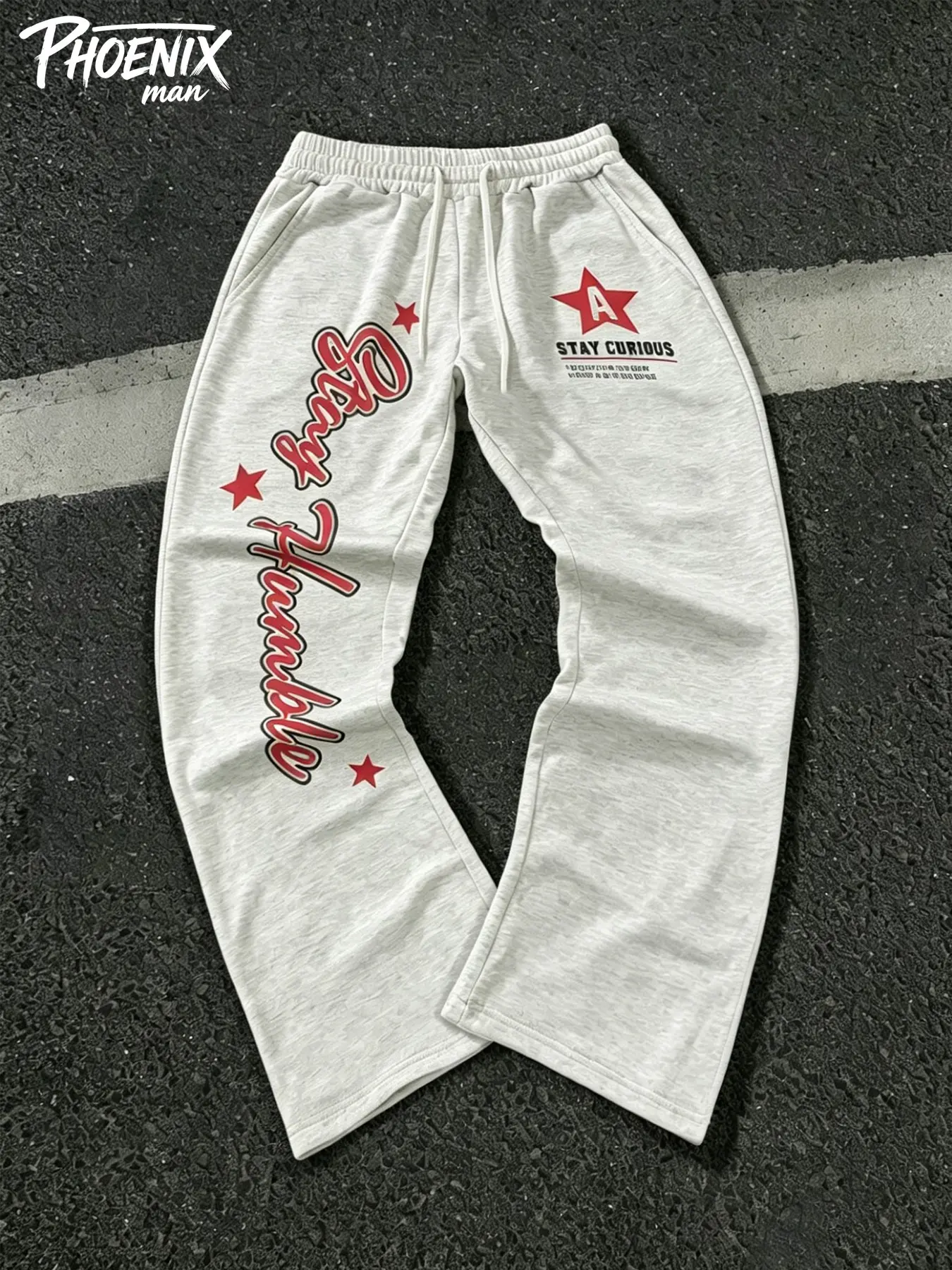 Unisex Heather Gray Drawstring Flared Wide Leg Sweatpants with Vertical Red Outline Cursive & Star A Logo Print American Vintage Preppy Casual Bottoms
