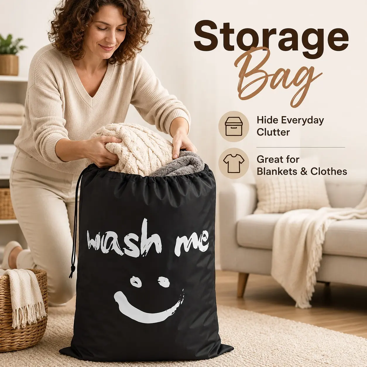 Letter Pattern Drawstring Travel Laundry Bag, Laundry Accessory, Large and Small Dirty Clothes Storage Bag, Washable Travel Organizer for Camping and Cruises
