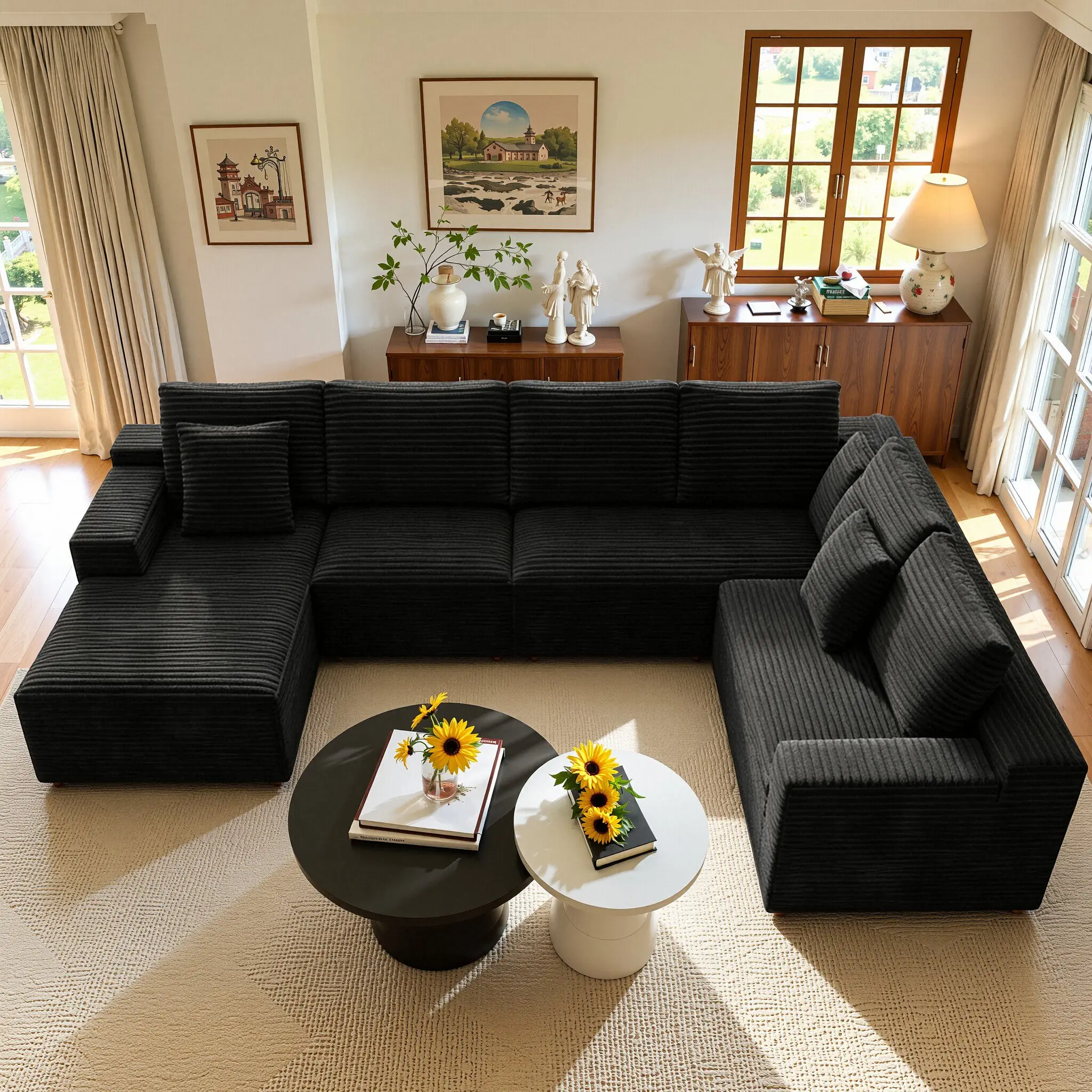 Oversized 132" Boneless Modular U-Shaped Sectional Couch, Huge 8-Seater Black Corduroy Deep Seat Comfy sofaCorner Couch With  Chaise Lounges For American Large Family LivingRoom Couch NoAssembly Required Free Combination【3or4 Packages shipping】