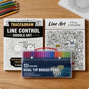 Control Doodle Art Kit – 3-in-1 A4 Sketch/Trace/Coloring Book + Dual-Tip Watercolor Pens (Soft/Fine, No Bleed, Washable) | Fun Focus Training & Hand-Eye Coordination for Kids & Adults