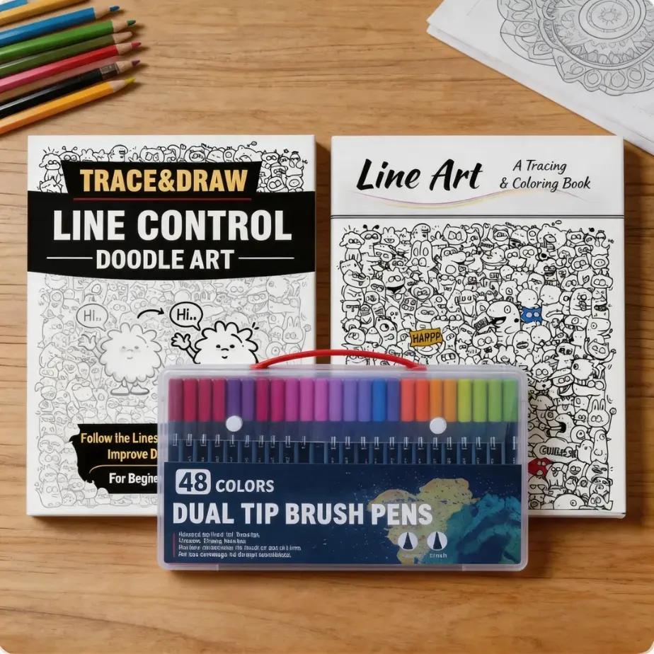 Control Doodle Art Kit – 3-in-1 A4 Sketch/Trace/Coloring Book + Dual-Tip Watercolor Pens (Soft/Fine, No Bleed, Washable) | Fun Focus Training & Hand-Eye Coordination for Kids & Adults