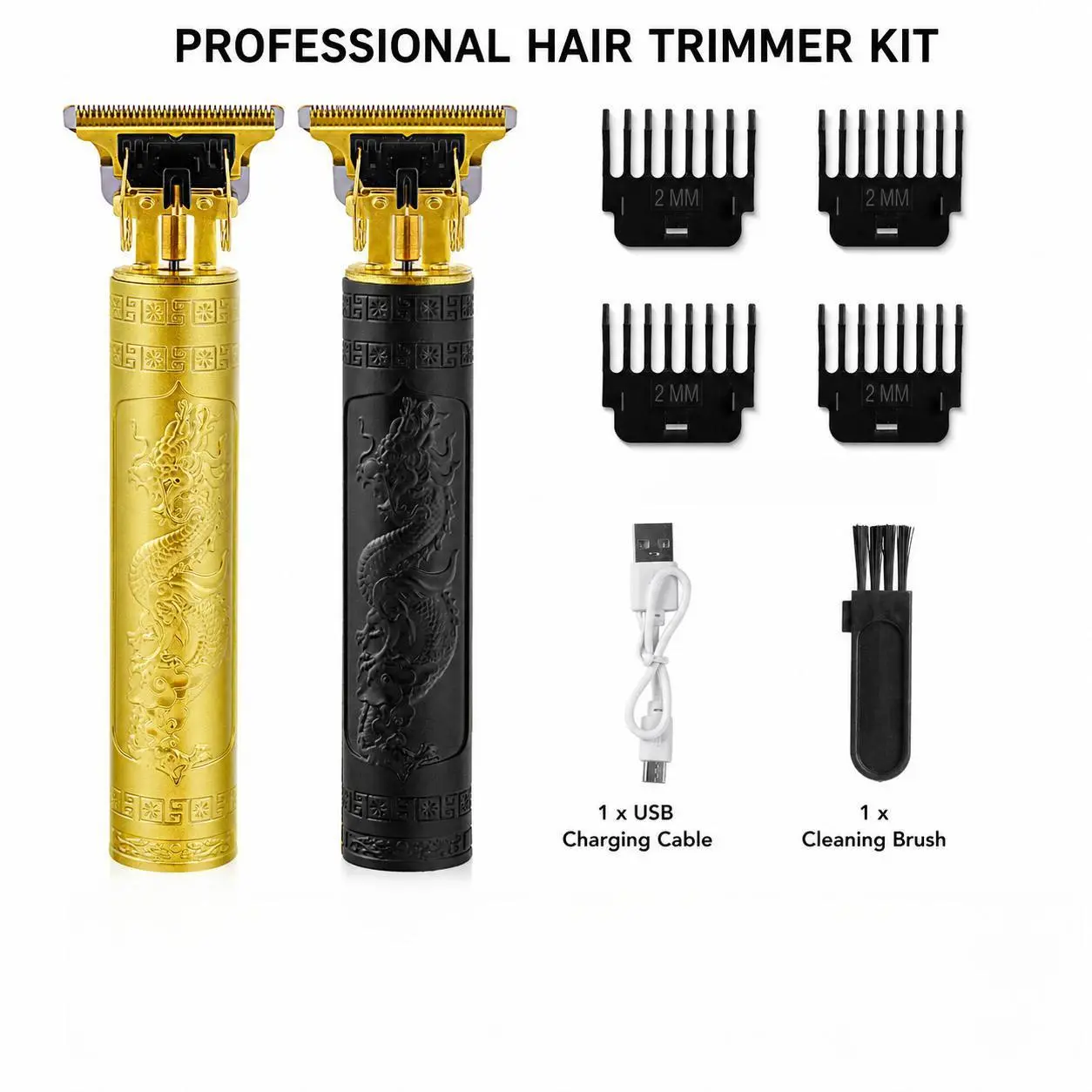 Full Set Shiny Gold Dragon T9 Cordless Trimmer with 4 Limit Guards, USB Charging Zero Gap Clipper Kit for Home Men’s Hair and Beard Edging Styling