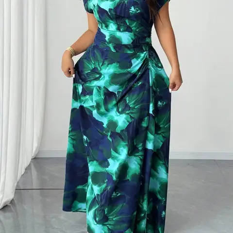 Women's Plus Size Off-Shoulder Long Dress, Ruched Waist Abstract Watercolor Print A-Line Gown for Wedding Parties and Evening Wear, Summer Wedding Guest Dresses