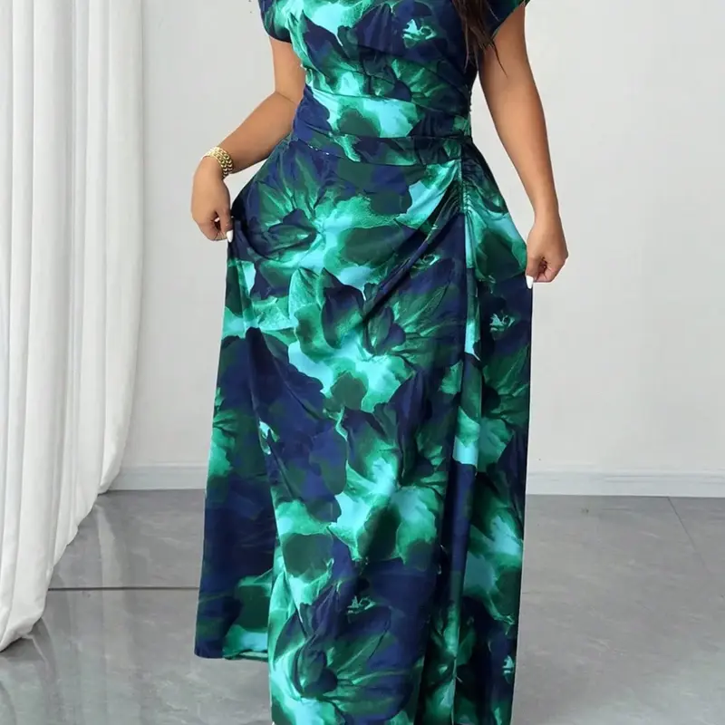 Women's Plus Size Off-Shoulder Long Dress, Ruched Waist Abstract Watercolor Print A-Line Gown for Wedding Parties and Evening Wear, Summer Wedding Guest Dresses