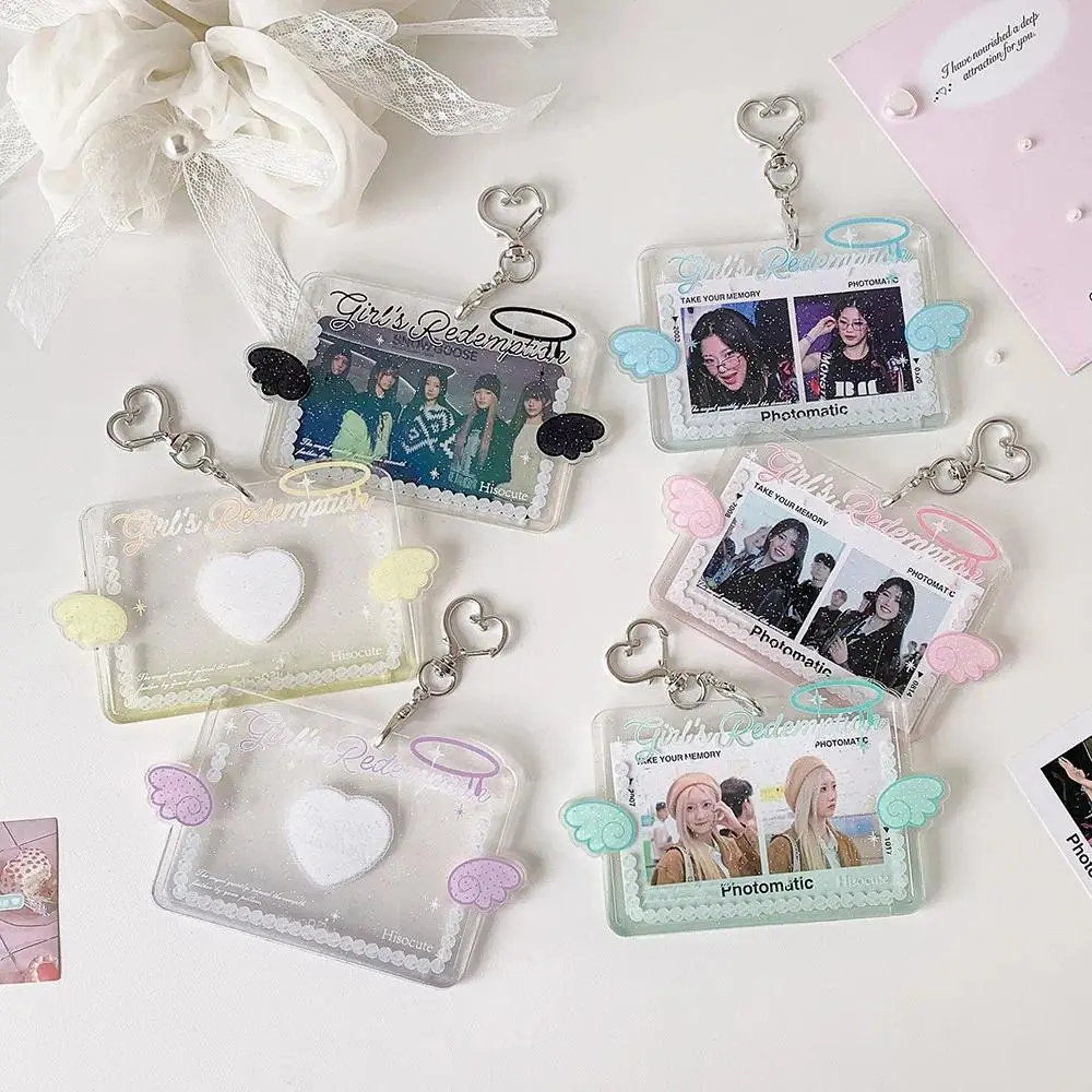 Kawaii Pastel Angel Wing Heart Transparent Card Sleeve, Horizontal 3 Inch Mini Kpop Photocard Protective Case, Cute Bag Decor
