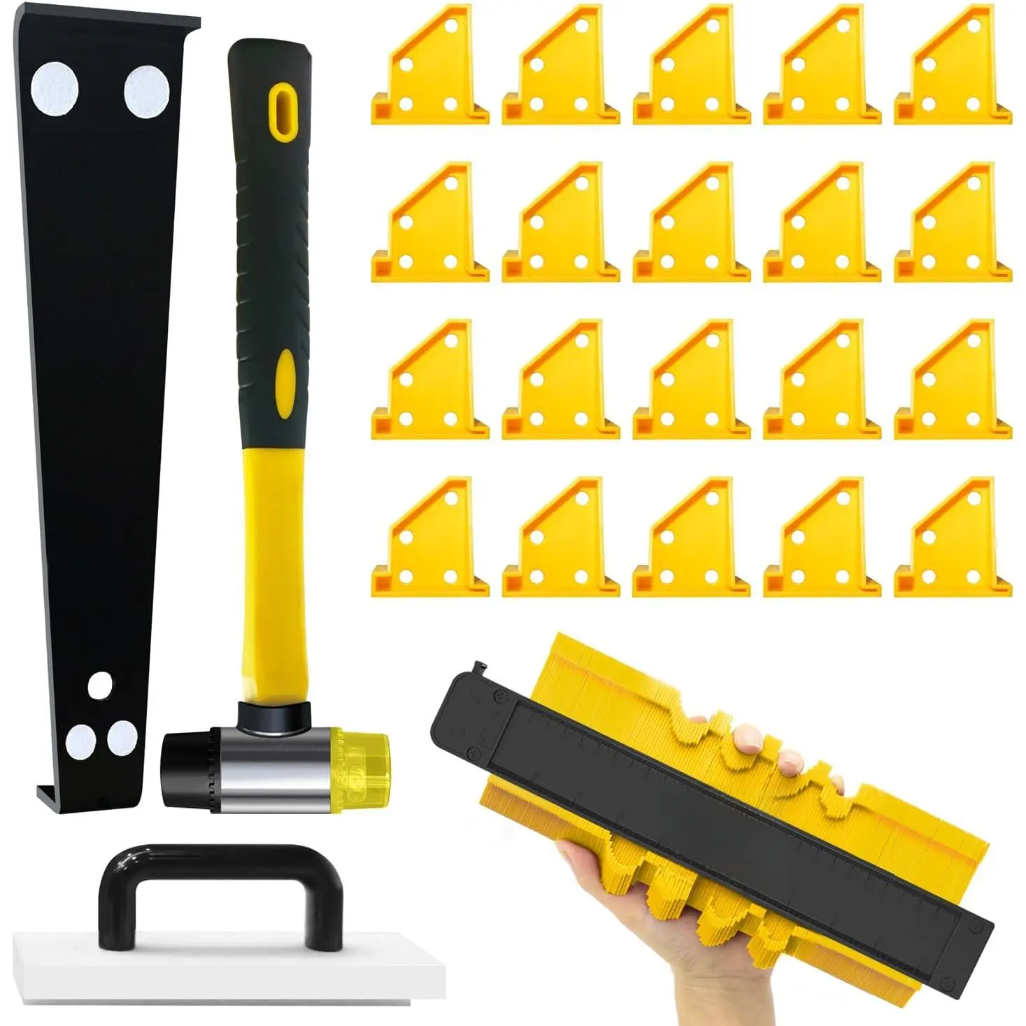 Composite flooring tools, 5-in-1 flooring installation tool set, suitable for vinyl flooring| Hammer block with handle, 10inch contour ruler, pull rod, 2-in-1 shim, double-sided hammer, professional vinyl flooring tools