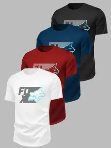 4-Pack Short Sleeve Round Neck T-Shirts, Wolf Head Letter Print, Soft Breathable Fabric, Unisex, Casual Style, Ideal for Outdoor Activities