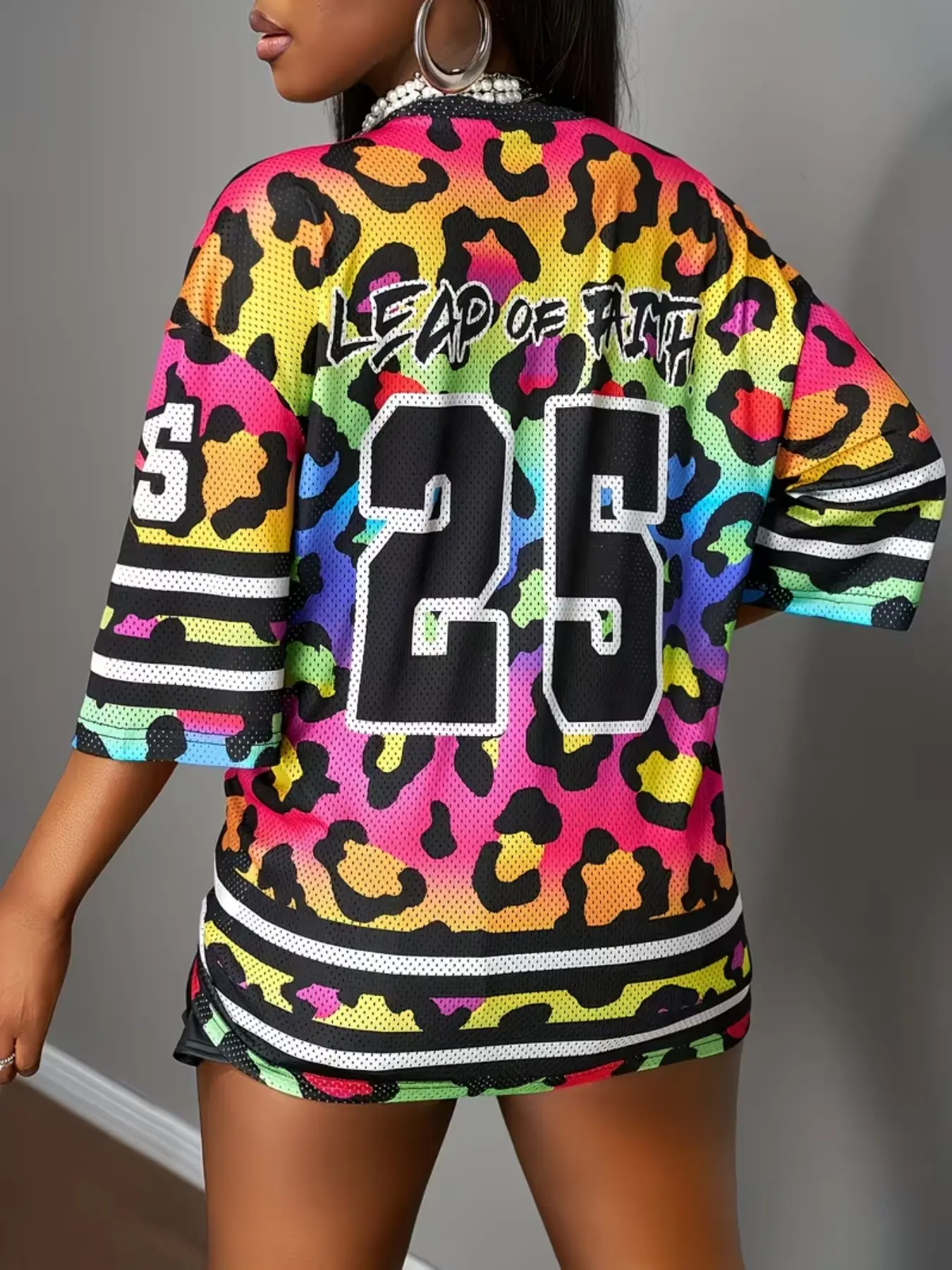 Y2K Millennial Style Colorful Leopard Print Loose Fit Sporty Short Sleeve Top, Number 26 Print, Women's Fashion T-Shirt